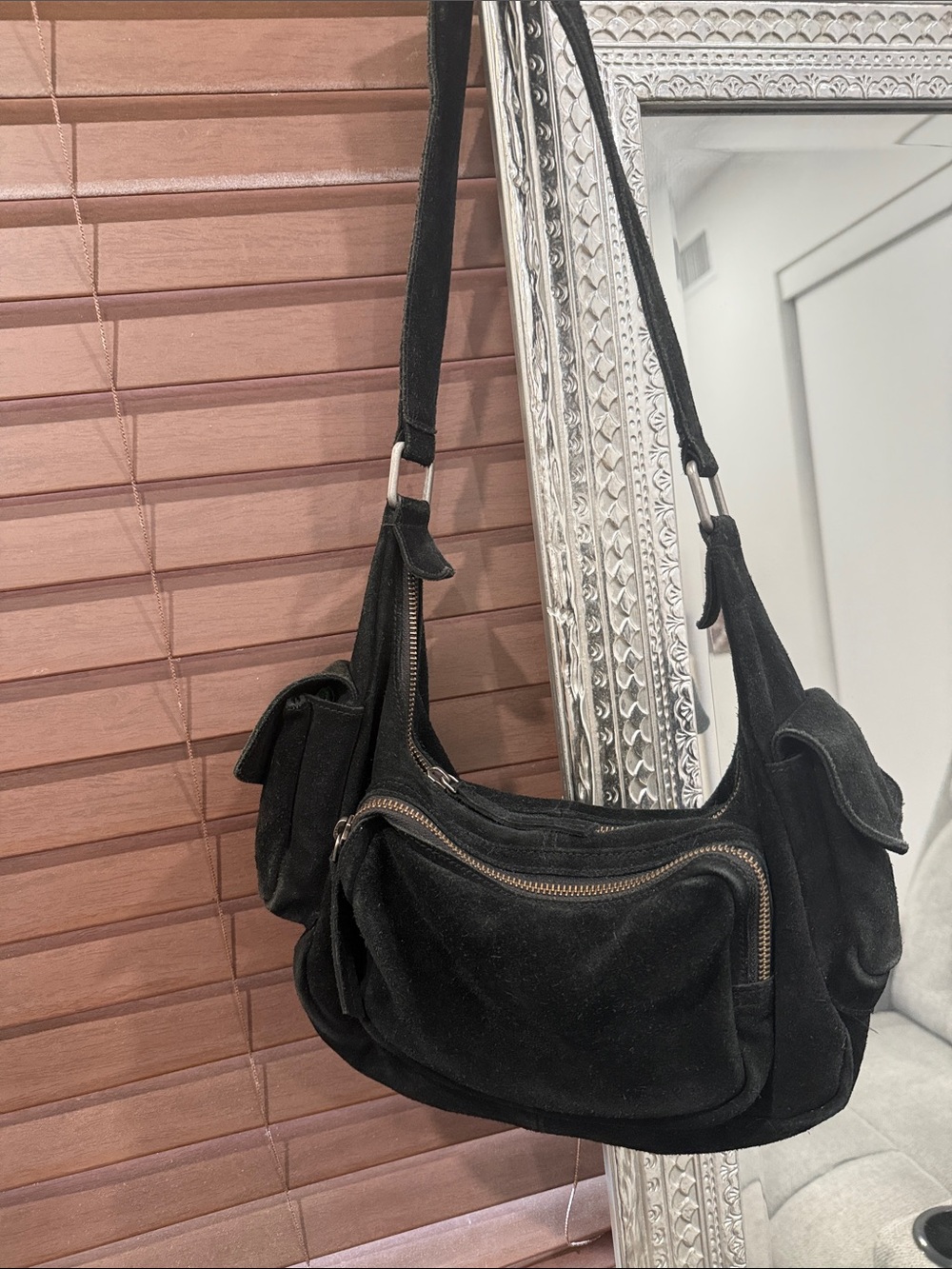 Free People Black Suede Shoulder Bag with Front Zip Pocket